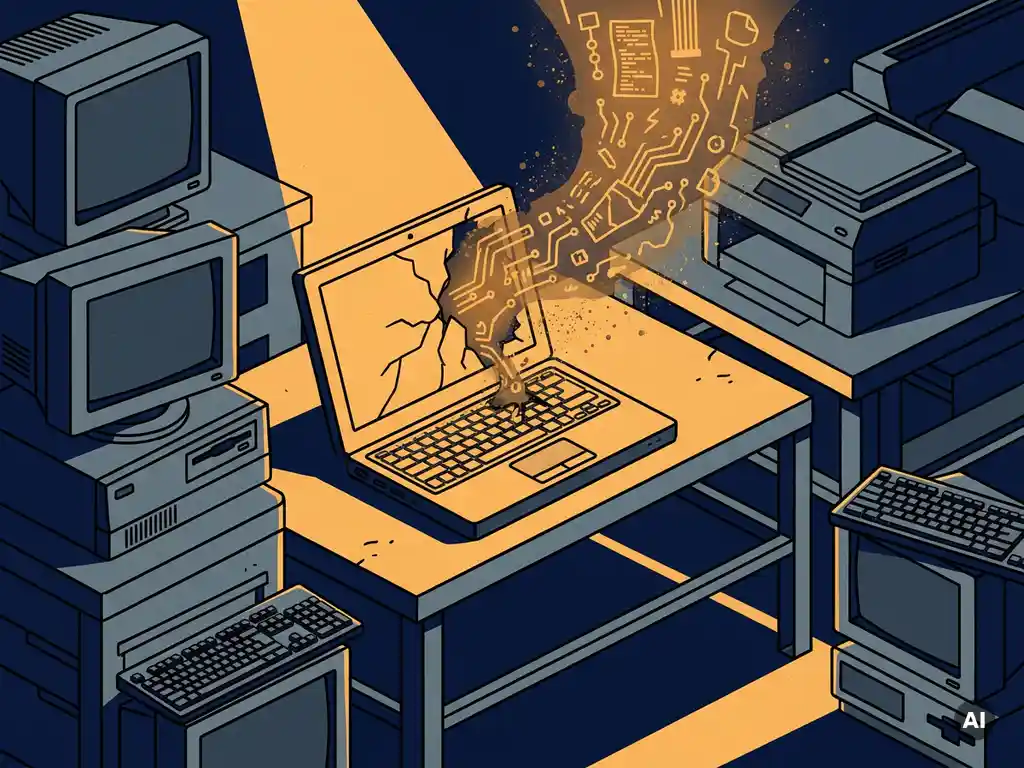Opengebroken oude laptop met gloeiende datastroom die oplost in stof, omringd door uitrangeerde kantoorhardware op een magazijntafel.