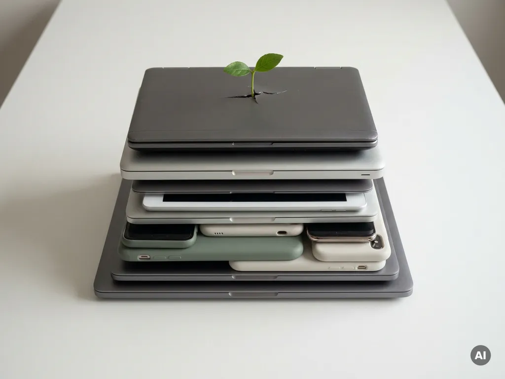 Gestapelde afgedankte laptops, tablets en smartphones met een groen plantje dat bovenop ontspruit, symbool voor circulaire economie.