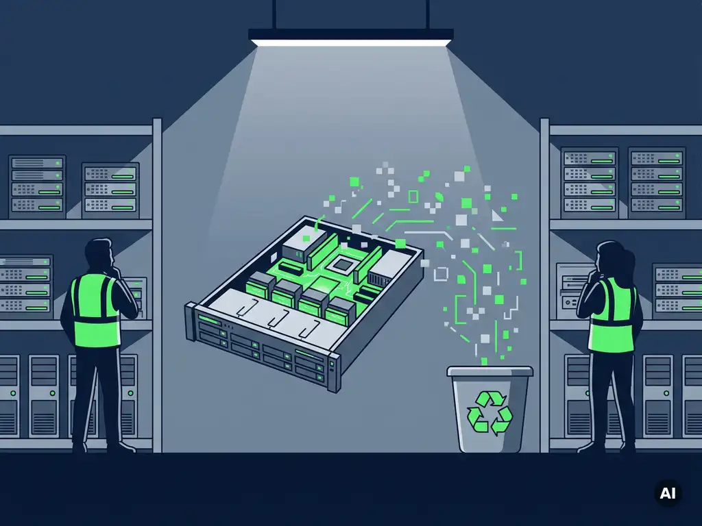 Buiten gebruik gestelde enterprise server met open paneel, omgeven door oplossende geometrische fragmenten die digitale vernietiging symboliseren, in een IT-faciliteit.
