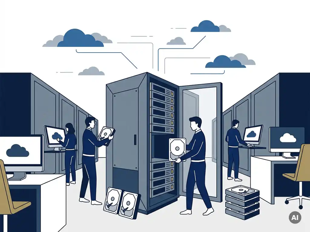 Gedeeltelijk ontmanteld stalen serverrek in datacentergang, omringd door cloud-werkstations en verwijderde harde schijven.