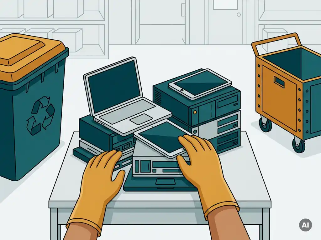 Gesorteerde laptops, servers en tablets op industriële werktafel met gecertificeerde recyclebak op de achtergrond.