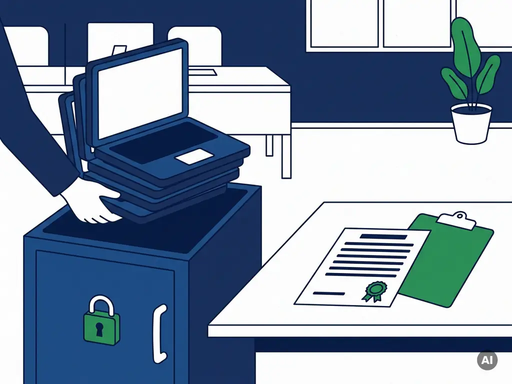 Stapel oude laptops in beveiligde vernietigingscontainer met gecertificeerd vernietigingsdocument, kantooromgeving op de achtergrond.