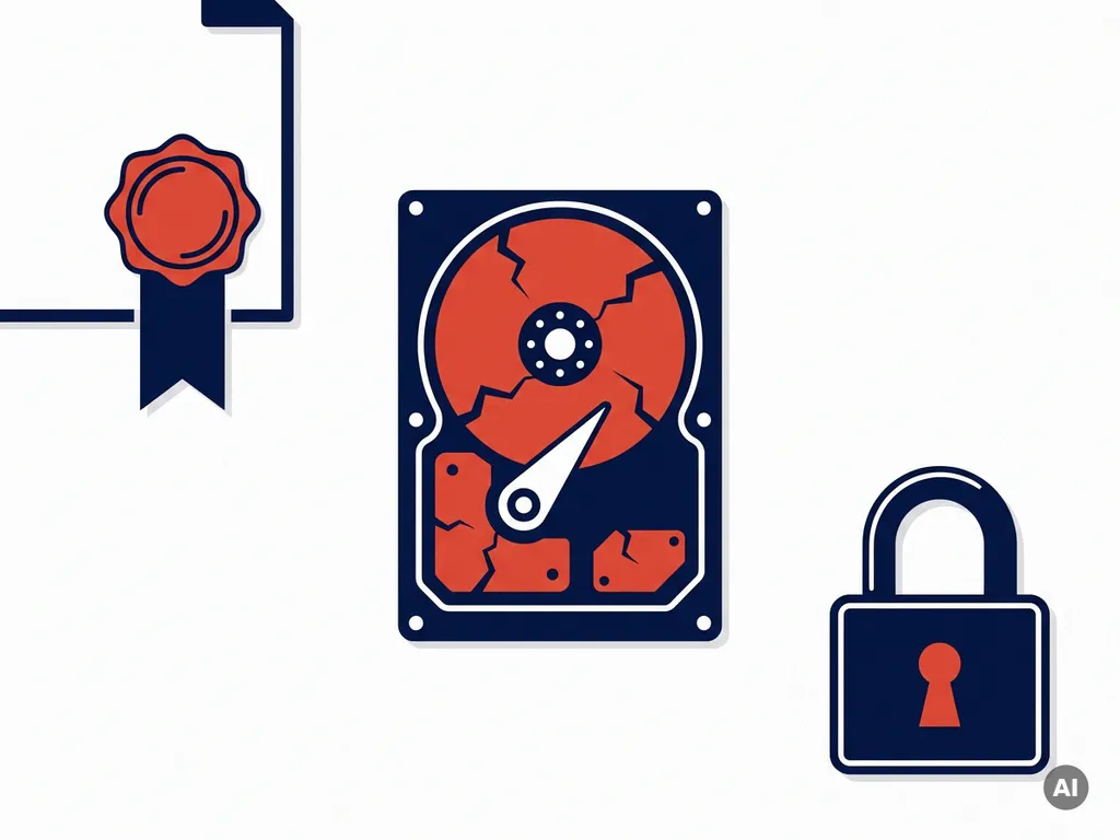 Vernietigde harde schijf naast een gecertificeerd document en beveiligd hangslot op witte achtergrond, symboliseert veilige datavernietiging.