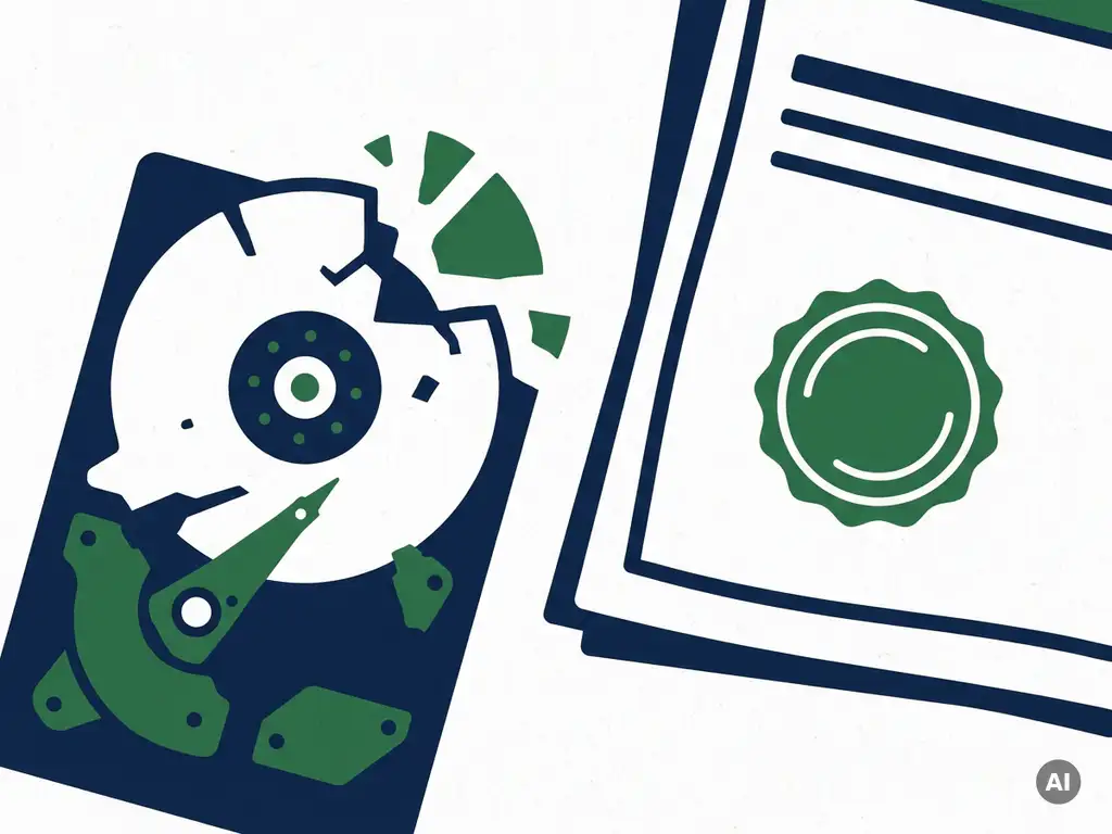 Versnipperde harde schijf naast een gecertificeerd document met officieel zegel, vlakke vectorillustratie in marineblauw en bosgroen.